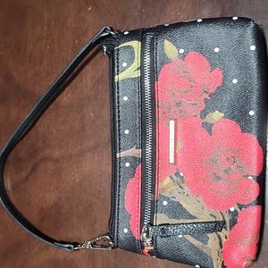 Dana Buchman small purse removable strap floral pattern roses green, red, black